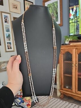 Dia & Co Long Beaded Necklace in White, Brown & Gold